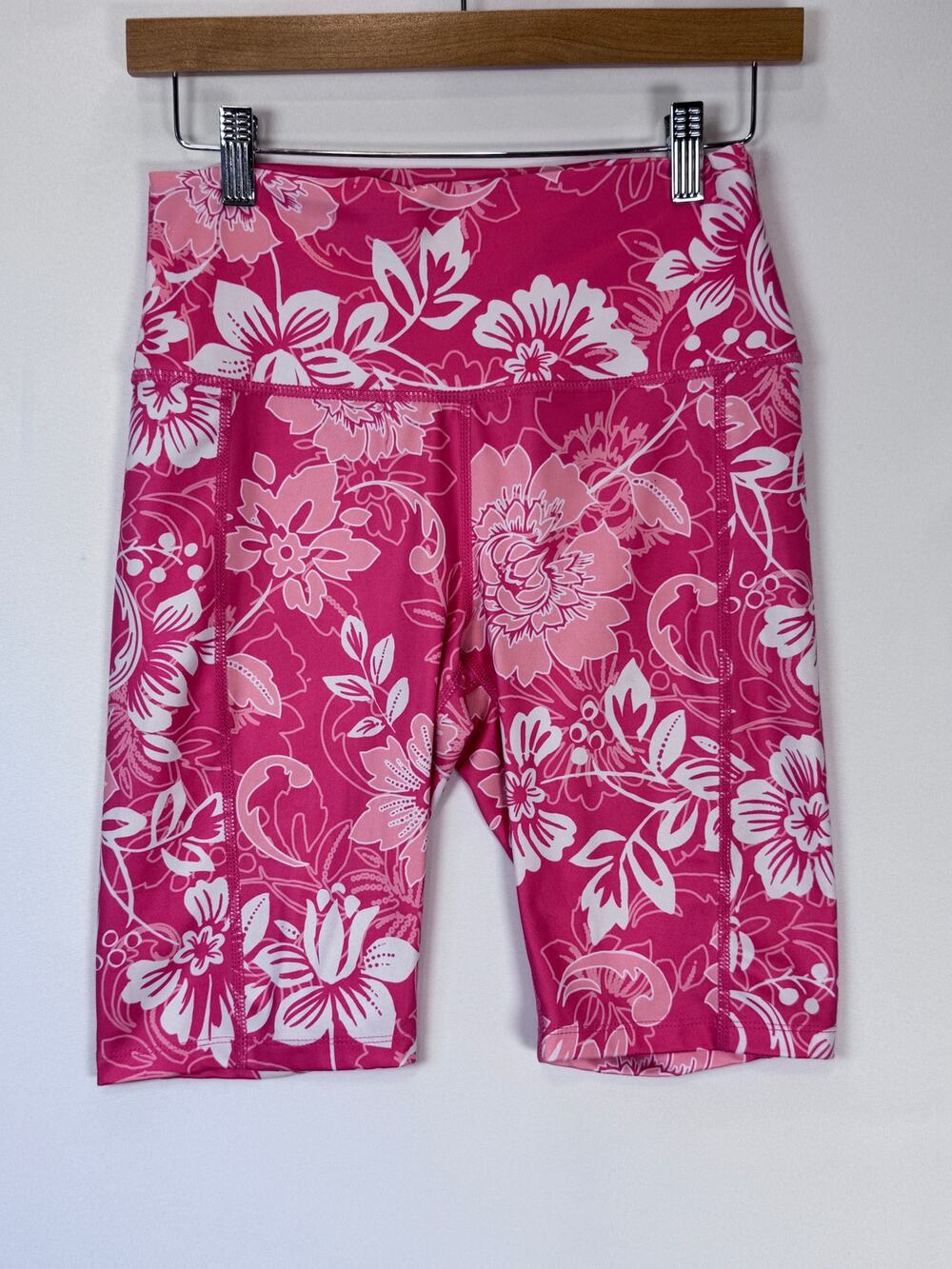 Brisas Womens Floral High Rise Biker Shorts Pink White Size Small